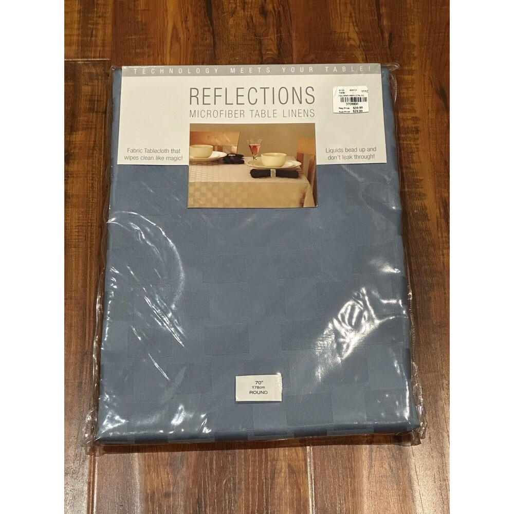 Bardwil Reflections Microfiber Table Linens Stone Blue 70” Round Tablecloth New